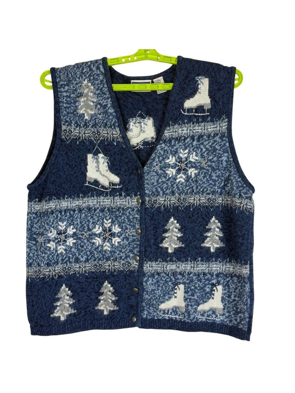 Vtg Northcrest Women's 3X Knit Button Vest Winter Skates Snowflakes Cotton Blue